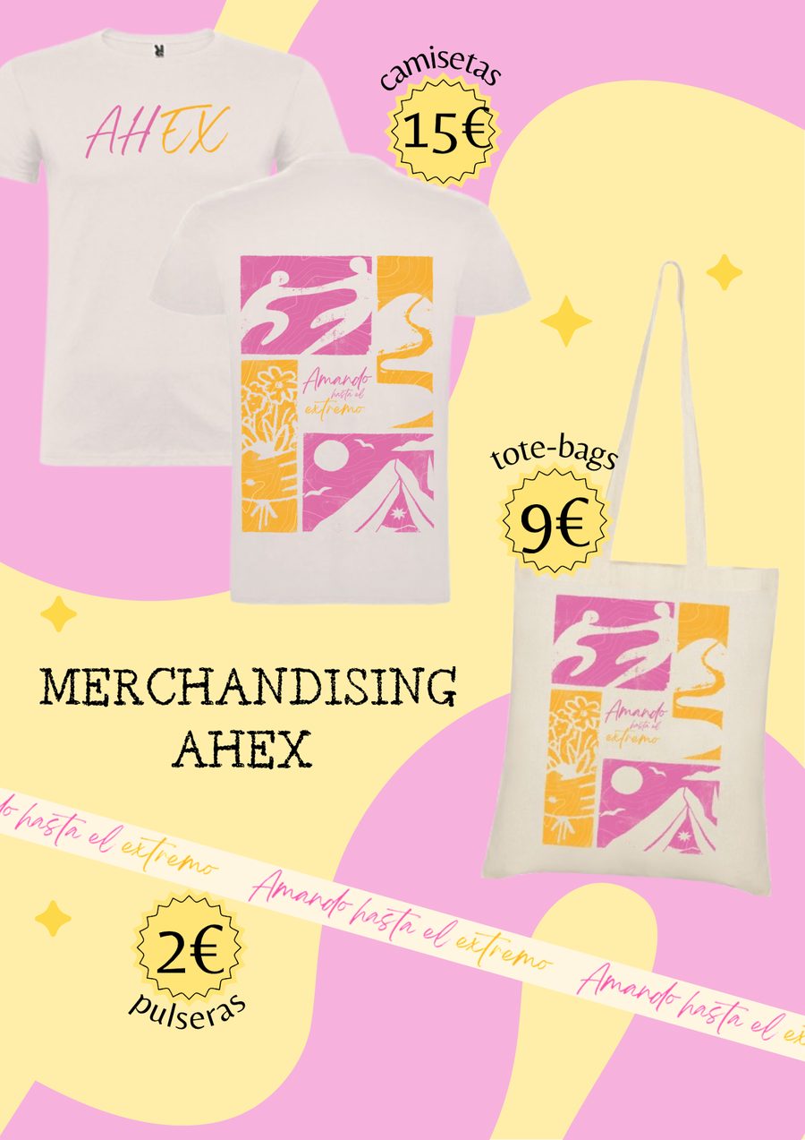 Merchandising de AHEX: camiseta, tote bag y pulseras